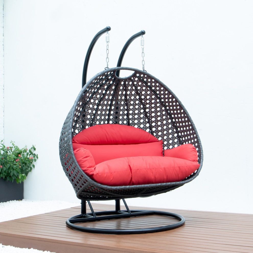 2 Person Charcoal Wicker Double Hanging Egg Swing Chair, Red
