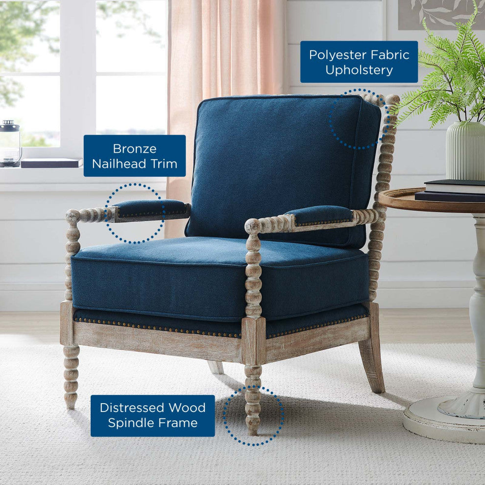 Armchair Accent Chair, Nailhead, Blue Navy Natural, Fabric, Modern, Hospitality