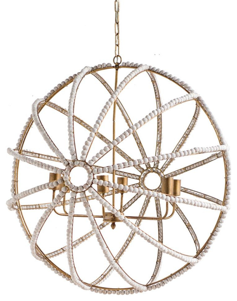 Ava White Beaded Wood With Gold Metal Frame Six Bulb Chandelier