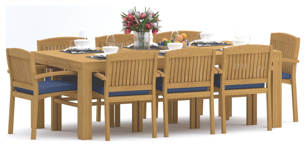 9-Piece Outdoor Teak Dining Set: 86" Rectangle Table, 8 Wave Stacking Arm Chairs