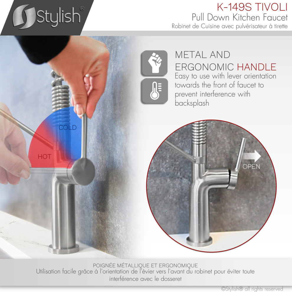 STYLISH Single Handle Pull-Down Dual Mode Kitchen Faucet Stainless Steel Brushed