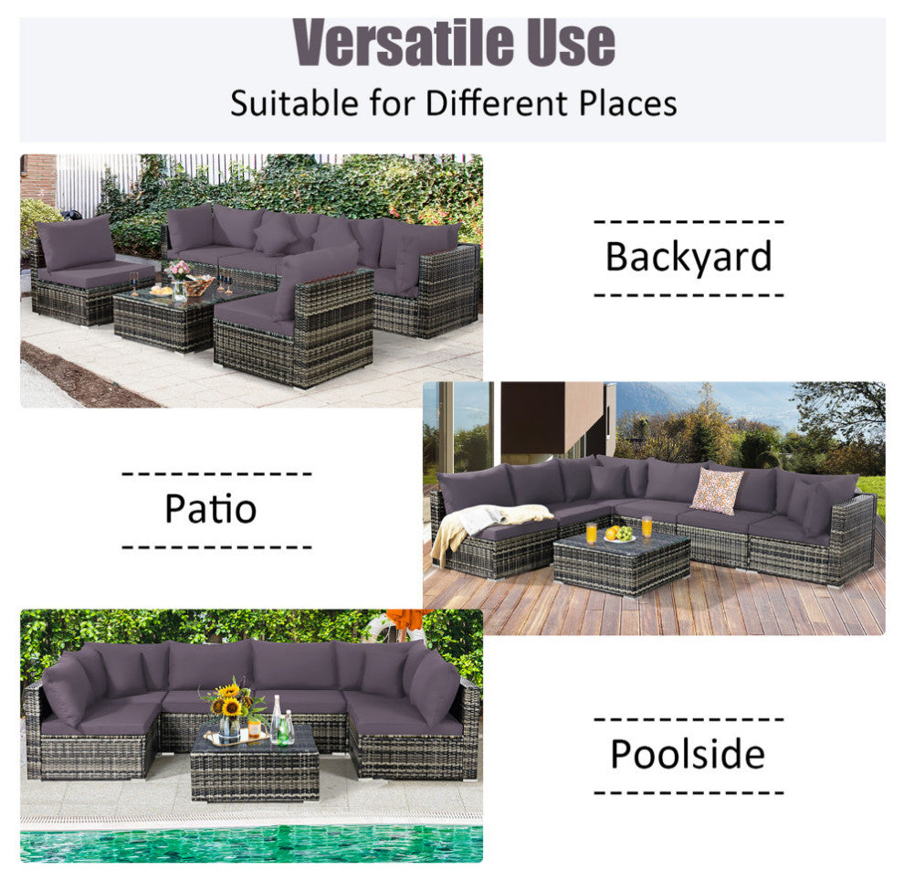 Costway 7PCS Patio Rattan Furniture Set Sectional Sofa Garden Gray Cushion
