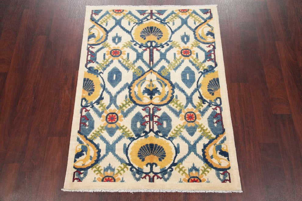 Pakistani Hand-Knotted Kazak Wool Oriental Area Rug, Beige, 4'10"X3'7"