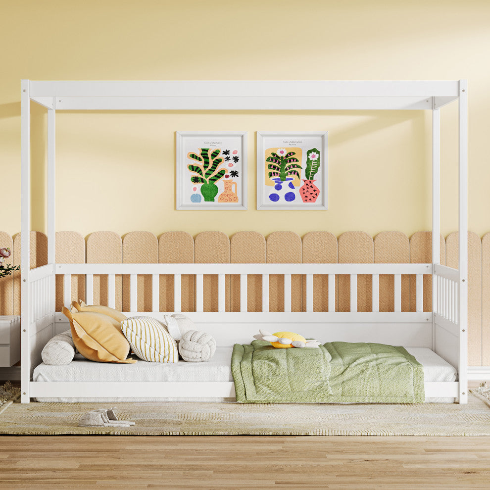 Gewnee Twin Size Canopy Bed Frame with Guardrails for Kids