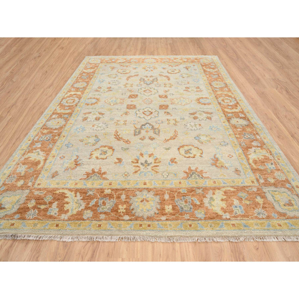 Tan Color, Oushak Design Pure Wool Hand Knotted Oriental Rug, 9'1"x11'9"