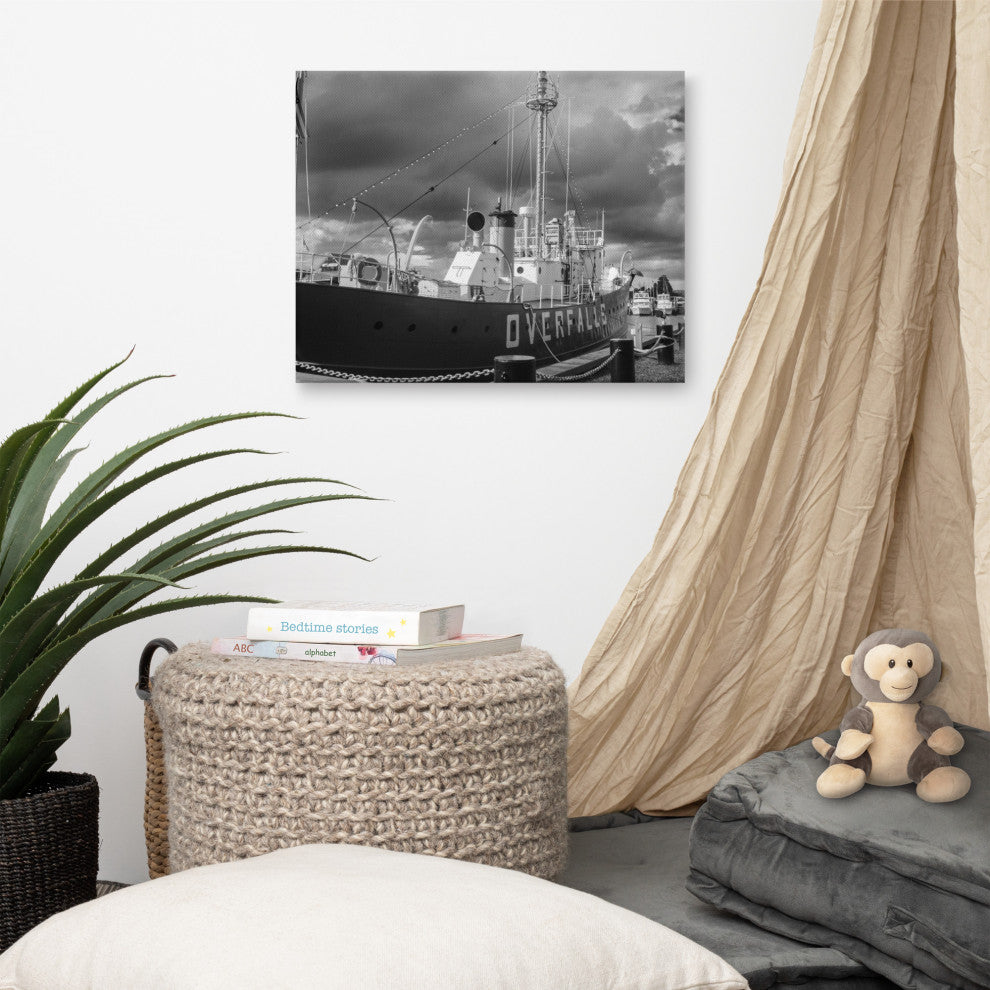 Overfalls Lightship Black & White Photo Canvas Wall Art Print, 16" X 20"
