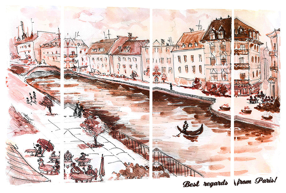 "Sepia Hand-Drawn Sketch of Paris" Canvas Print, 4 Panels, 48"x28"