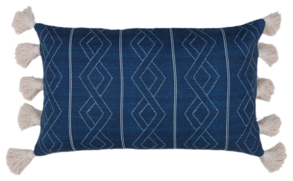 Navy Blue Machine Woven with Tassels Frawley Throw Pillow, 16" x 26"