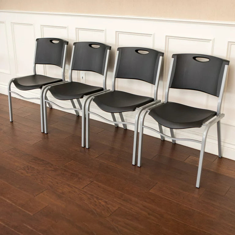 4 Pack Stacking Chair, Multipurpose Design With Black Polyethylene Seat & Back