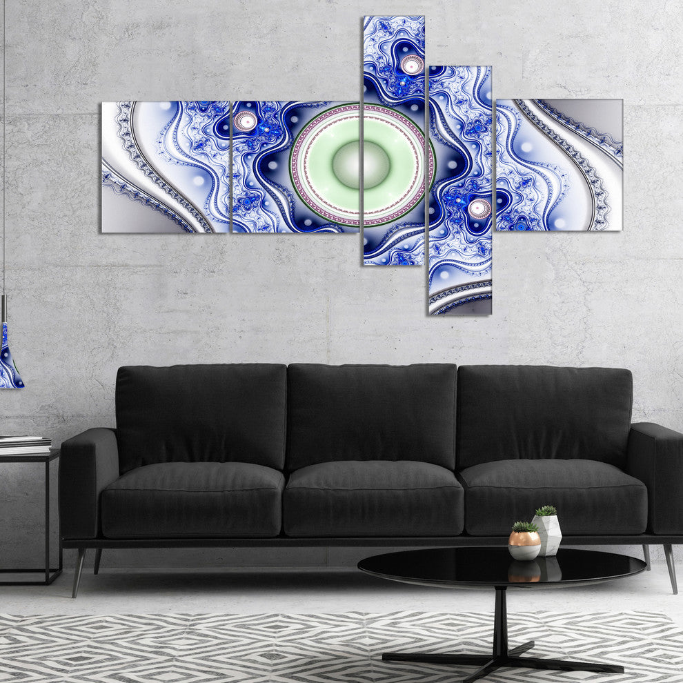 Blue on White Pattern with Circles, Abstract Canvas Wall Art, 60"x32", 5 panels