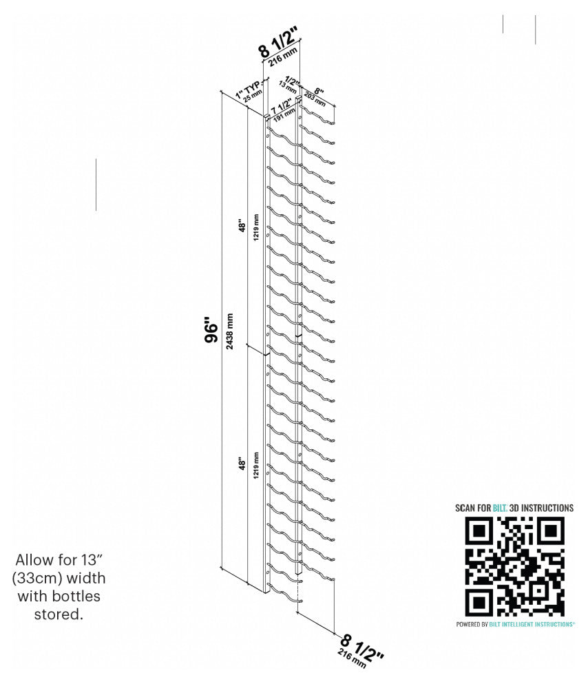 W Series Wine Rack 8 Wall Mounted Bottle Storage Kit, Chome, 48 Bottles (Double Deep)