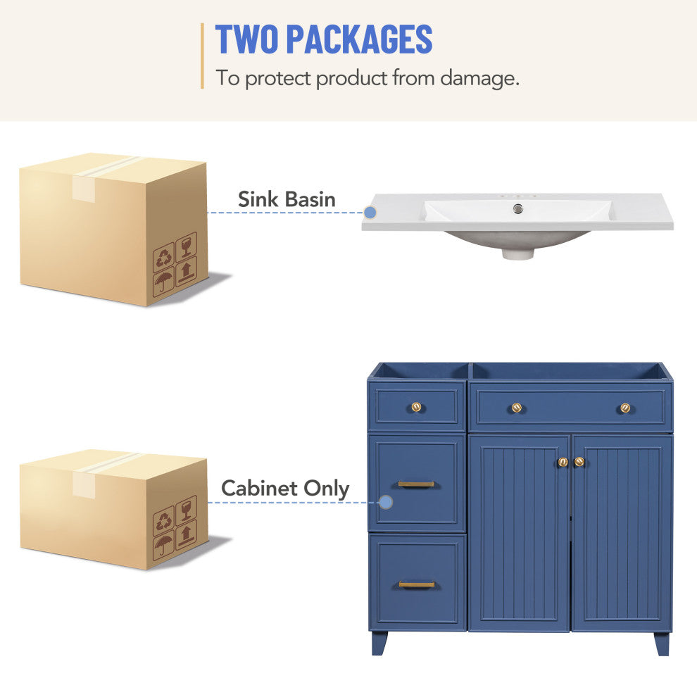 36 Inch Bathroom Vanity, Transitional Style Bathroom Cabinet with Resin Sink, Navy Blue