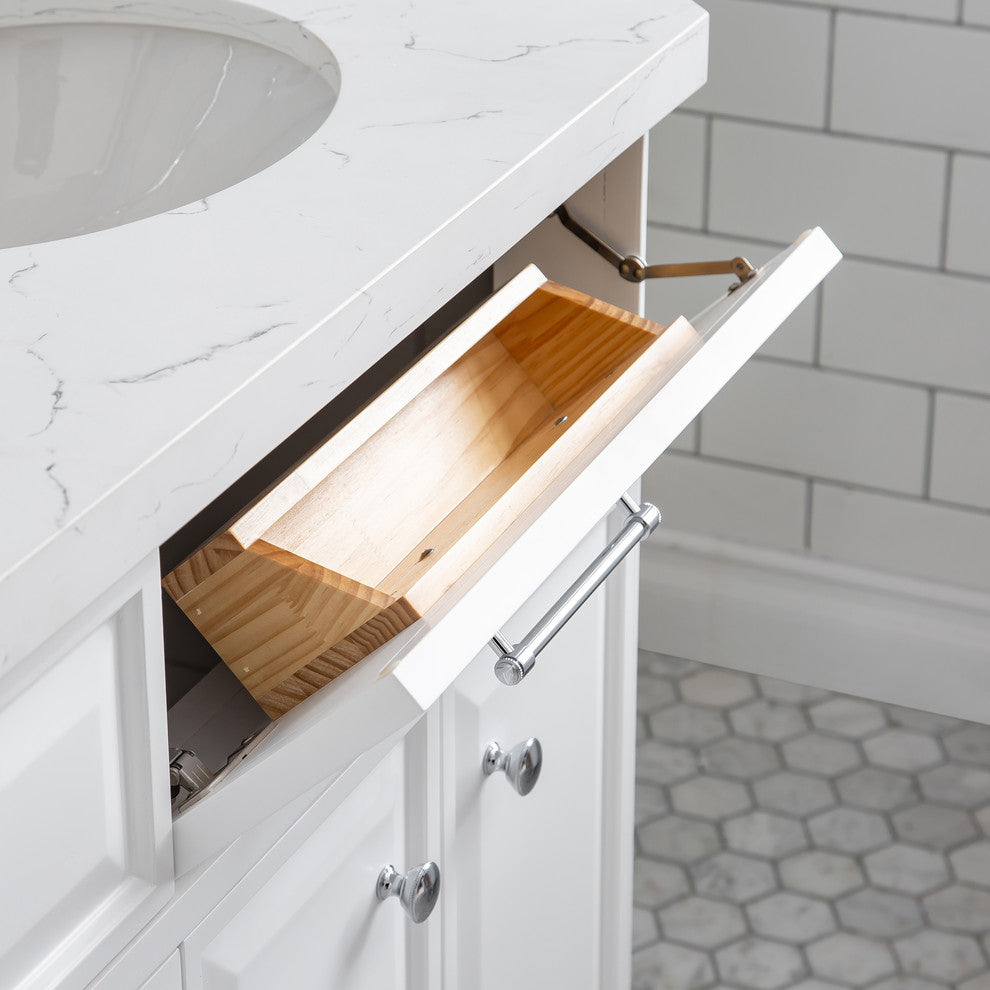 72" Palace Quartz Carrara Pure White Vanity With Hardware, Faucets in Chrome