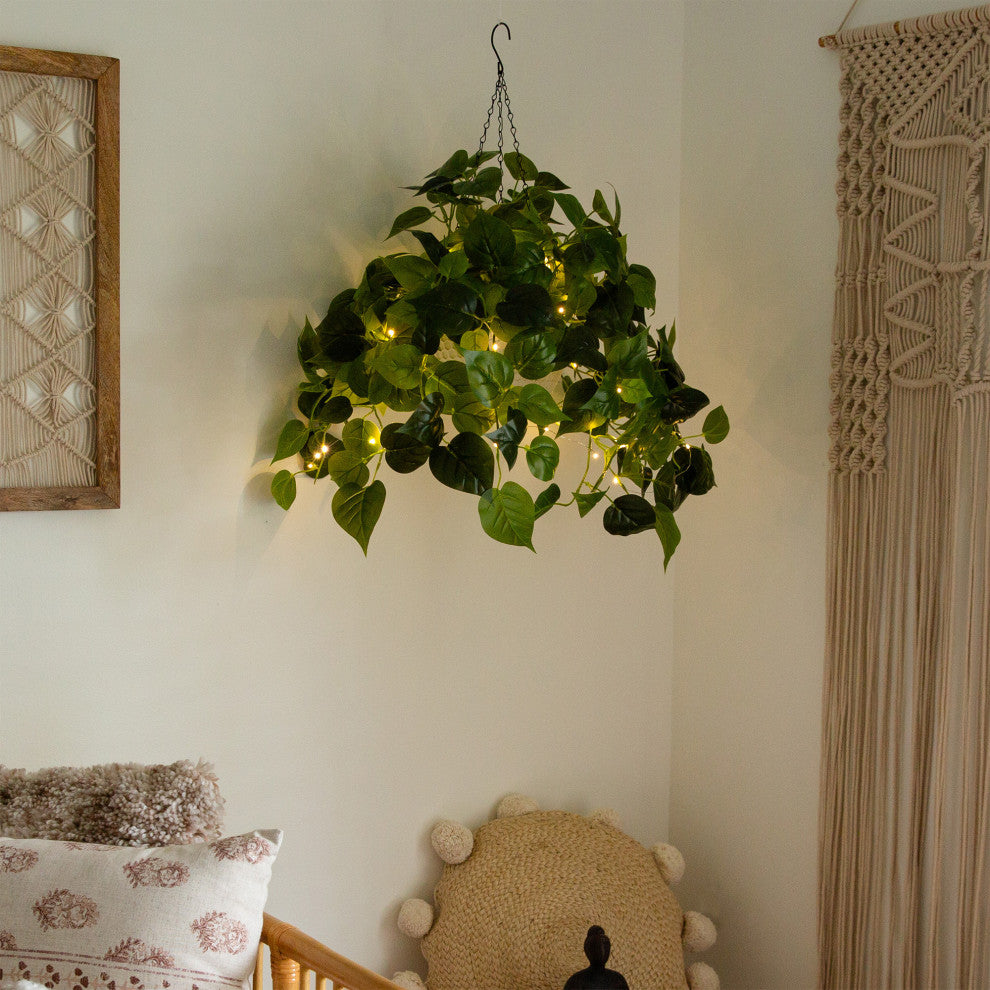 24in. Prelit UV Resistant Artificial Philodendron, White Hanging Basket