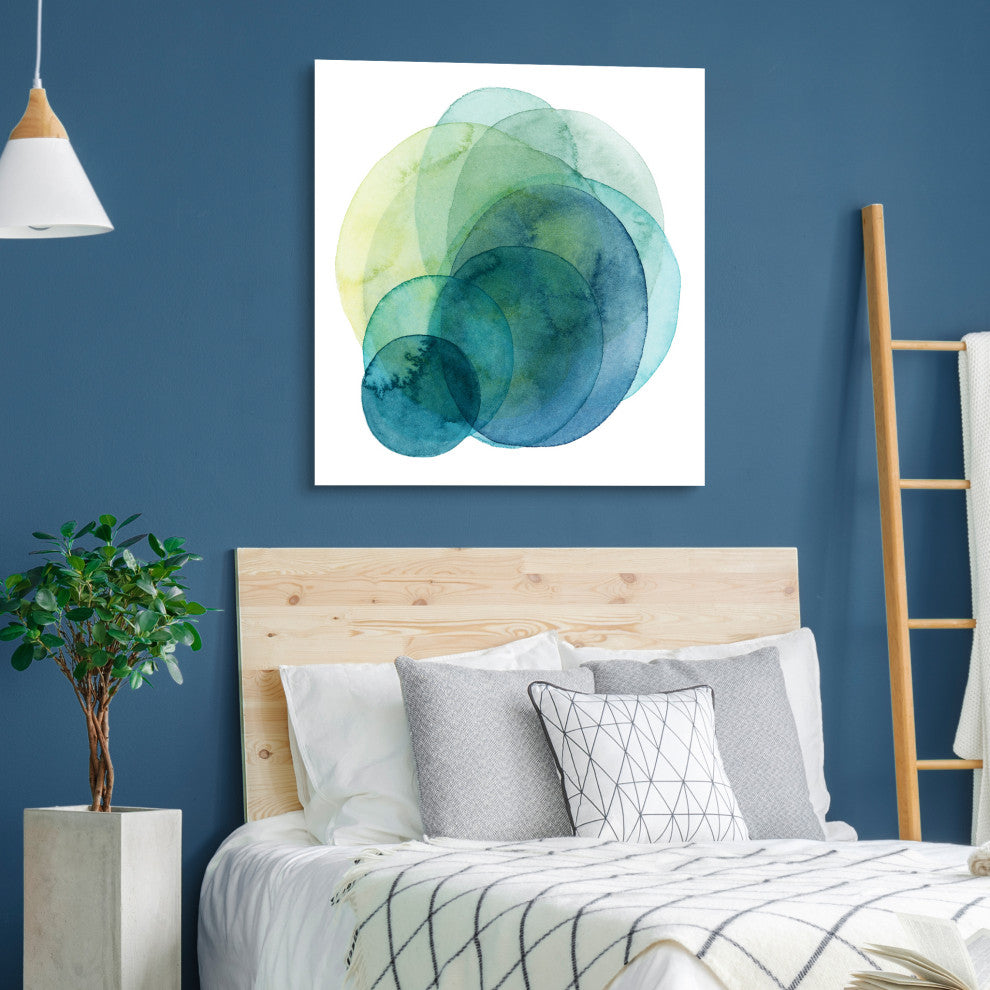 "Evolving Planets" Abstract Blue Wall Art Unframed Free Floating Tempered Glass