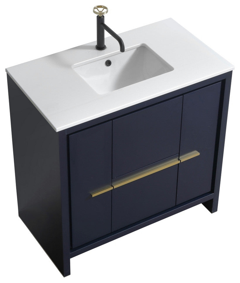 KubeBath Dolce 36" Vanity With White Quartz Countertop, Rose Wood, Blue