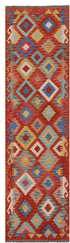 2' 8" X 9' 9" Runner Kilim Flat Weave Reversible Wool On Wool Rug - Q12555