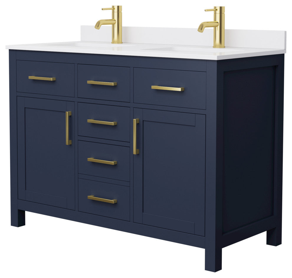 48"DBL Bathroom Vanity Dark Blue, White Cult.Marble Countertop, Sinks, Gold Trim