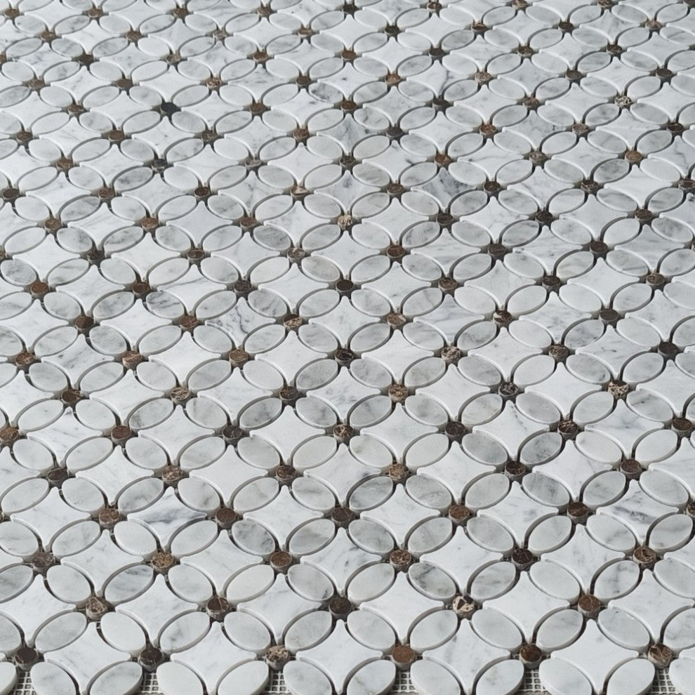 Carrara White Marble Chateau Flower Mosaic Tile Emperador Brown Dots, 1 Sheet
