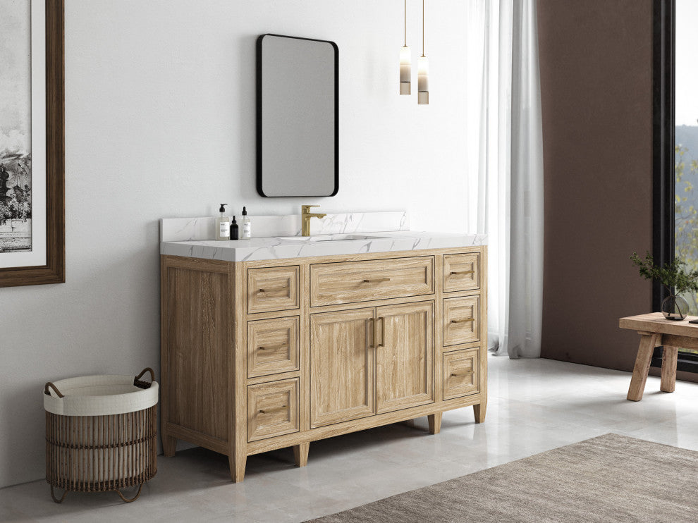 Santa Monica 60 Single Sink Bathroom Vanity in Whitewashed Teak 2" Piatra Gray