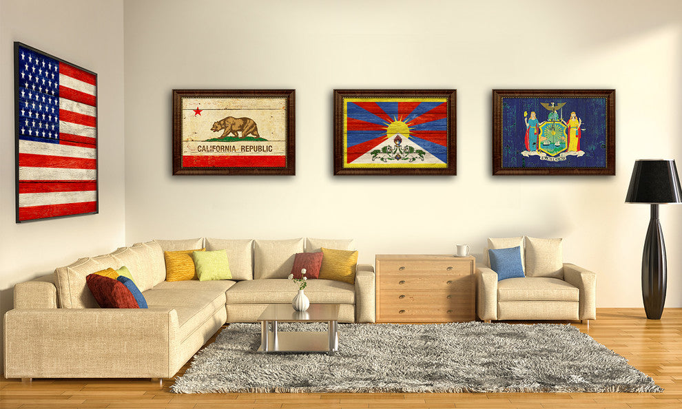 Tibet Country Textured Flag Print With Brown Gold Frame, 15"X21"