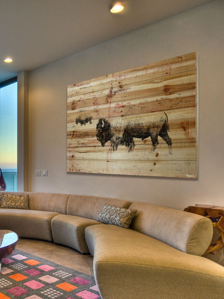 "Bison Herd Walk" Painting Print on Natural Pine Wood, 36"x24"