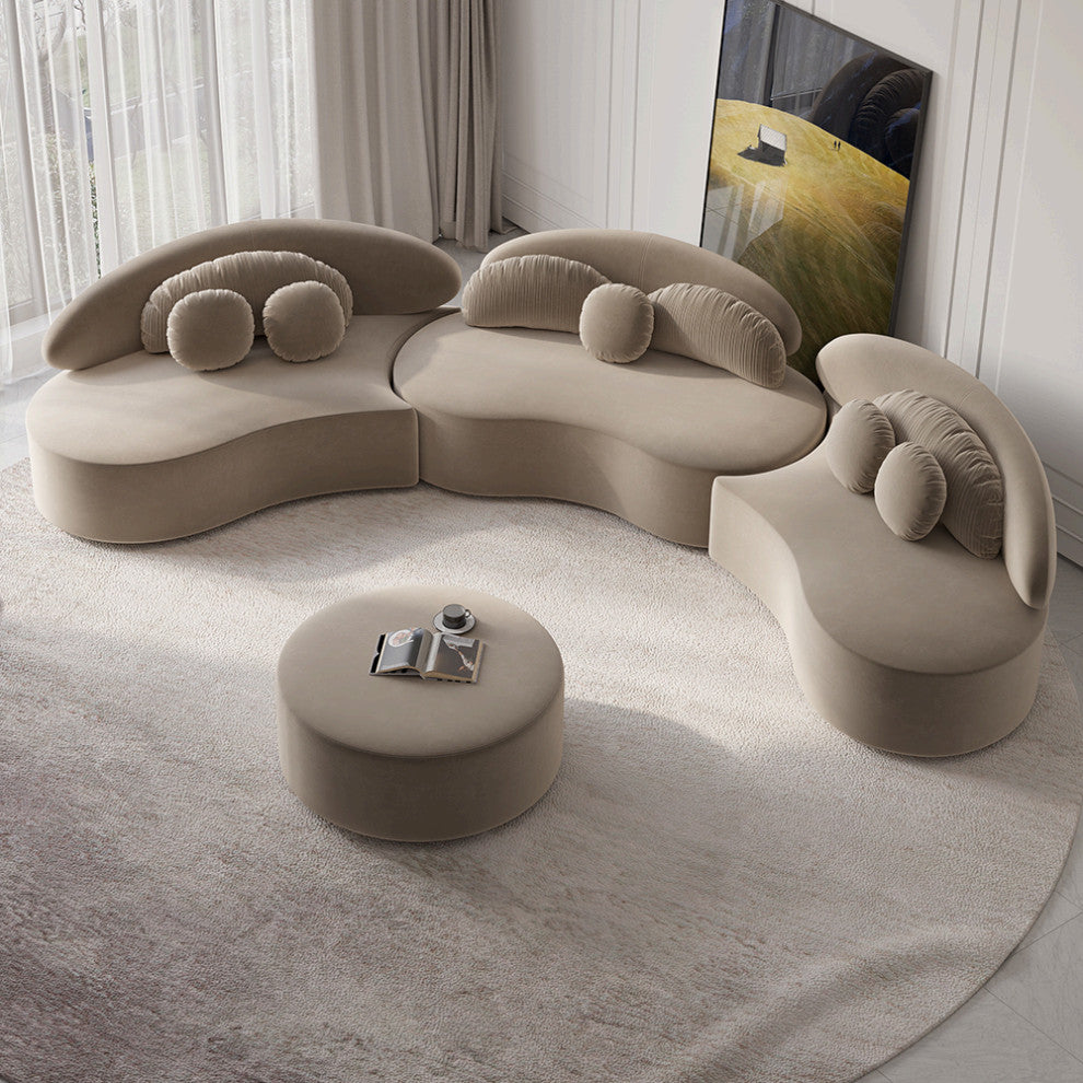 Khaki 4 Pieces Curved Sectional Modular Sofa Velvet Upholstered with Ottoman