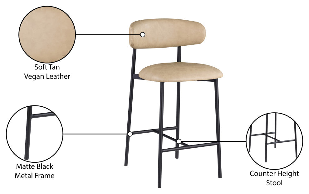 Lupita Upholstered Counter Stool, Tan, Vegan Leather, Matte Black, Set of 2