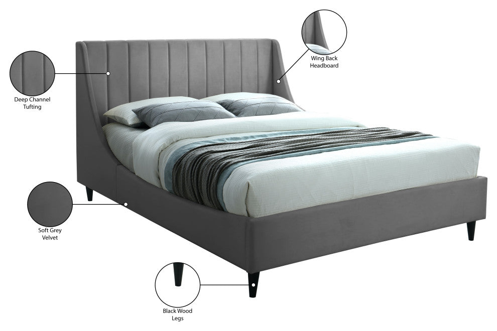 Eva Velvet Upholstered Bed, Gray, Full