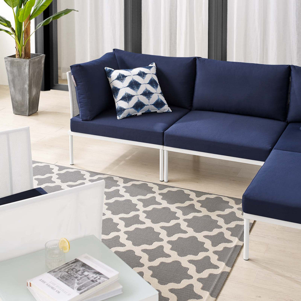 Sectional Sofa Chair Table Set, Sunbrella, Aluminum, White Blue Navy, Outdoor