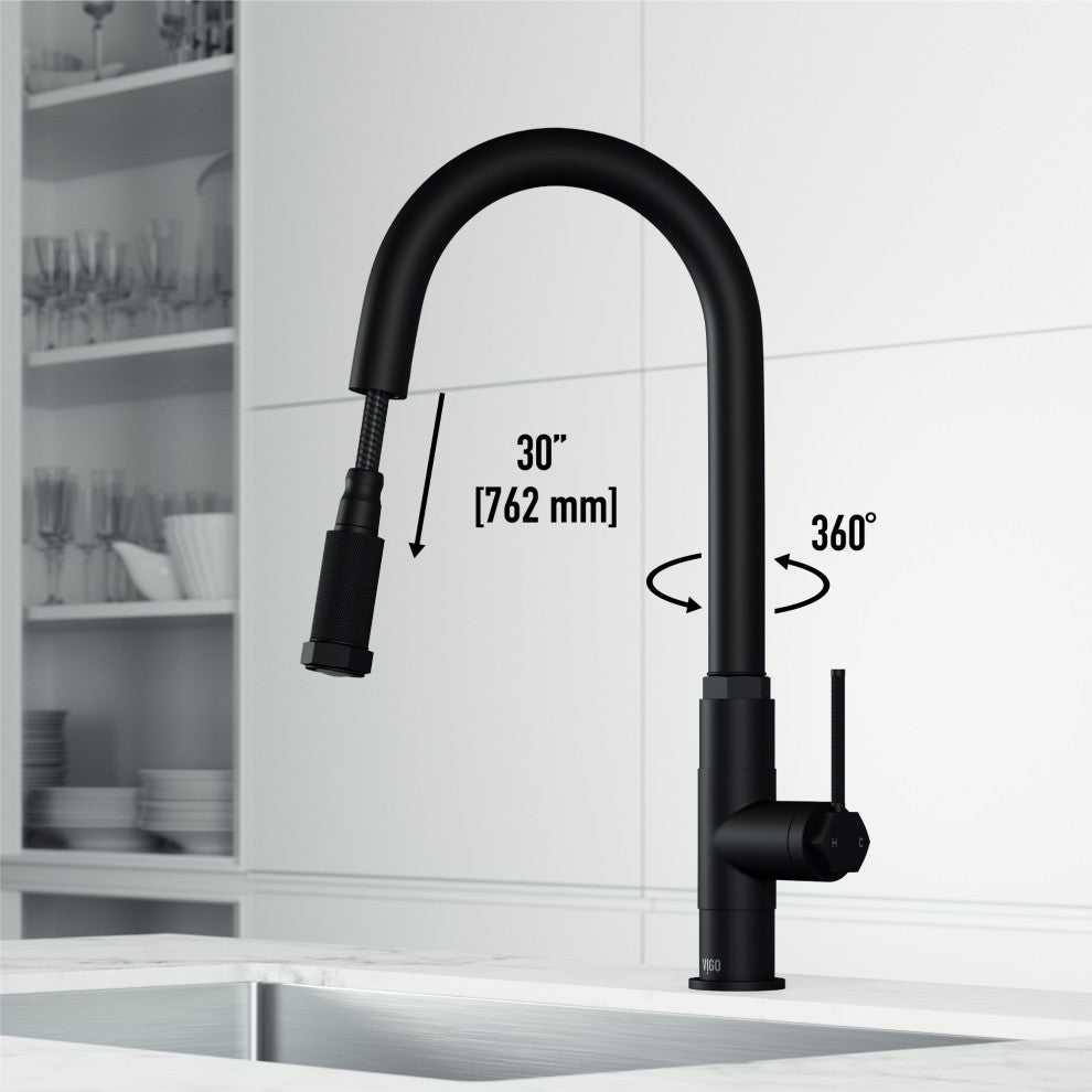 VIGO Hart Arched 18" H Single Handle Pull-Down Kitchen Faucet, Matte Black, Without Extras