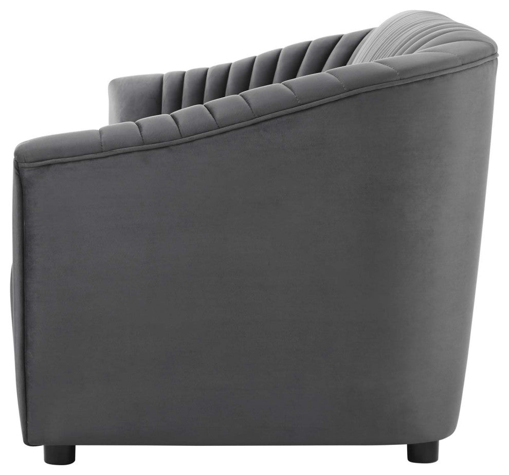 Tufted Sofa, Charcoal Gray, Velvet, Modern, Mid Century Hotel Lounge Cafe