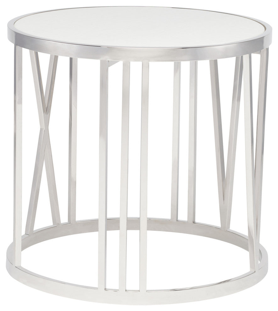 Roman White Marble Side Table, Polished Stainless Steel