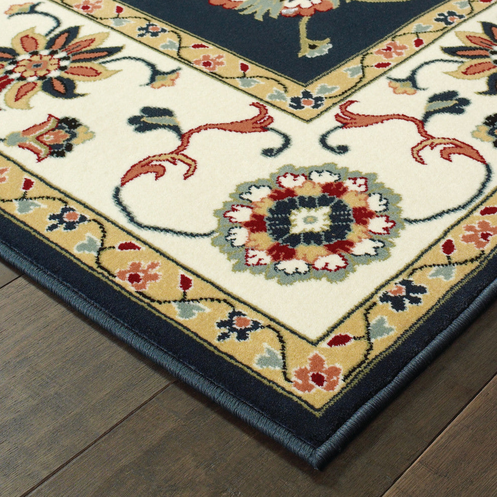 Karaman Floral Traditional Navy/ Ivory Area Rug, 1'10"x3'