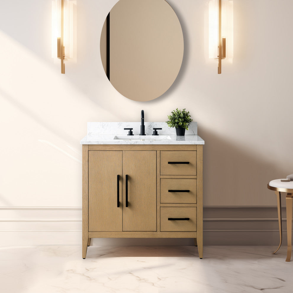 Vanity Art Bathroom Vanity With Sink, Natural Oak, 36", Single Sink, Matte Black