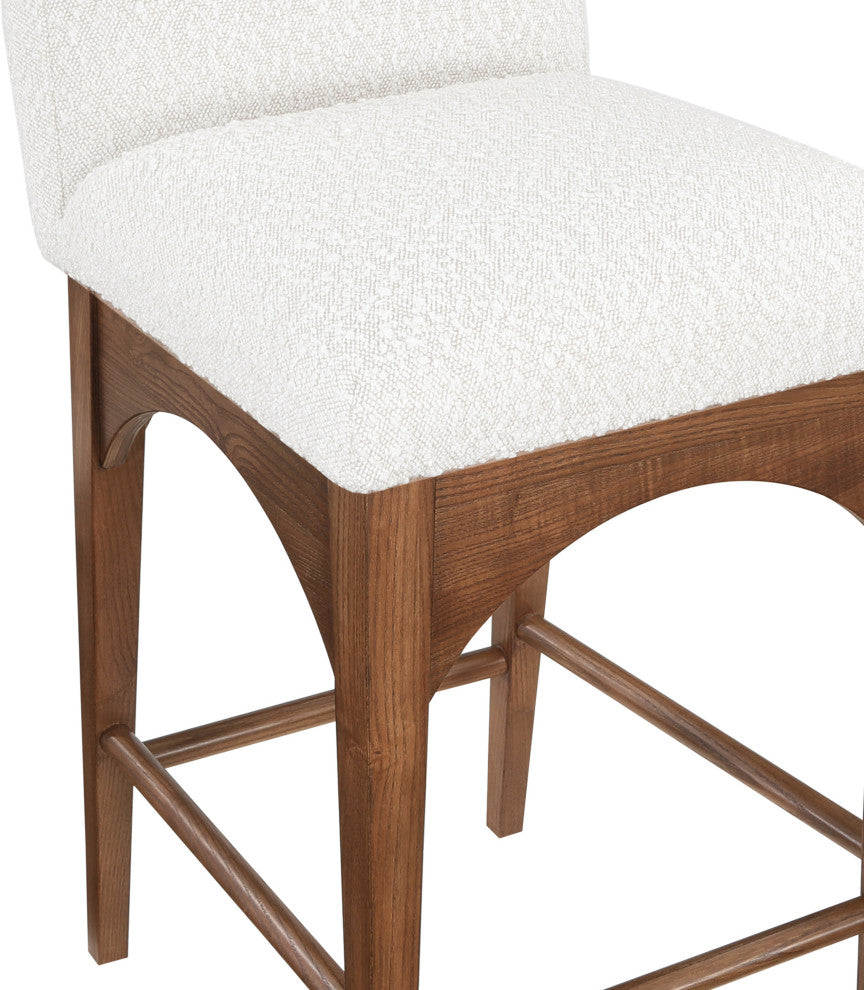 Waldorf Chenille Upholstered Stool, Black, Chenille, Natural Finish, Cream, Boucle Fabric, Walnut Finish