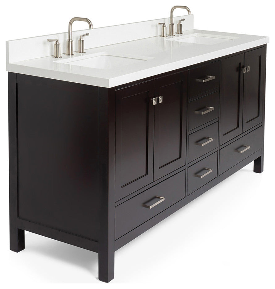 ARIEL Cambridge 73" Double Rectangle Sink Espresso Vanity Quartz Top, No Mirror