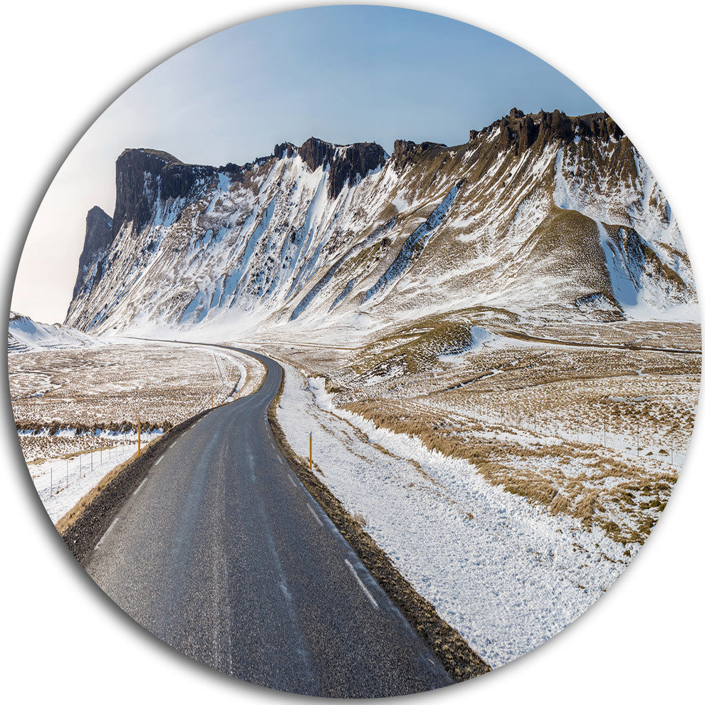Range Road In Winter Mountains, Landscape Round Metal Wall Art, 36"