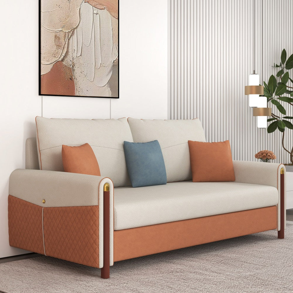 White & Orange Sleeper Sofa Convertible Sofa Leath-Aire Upholstery