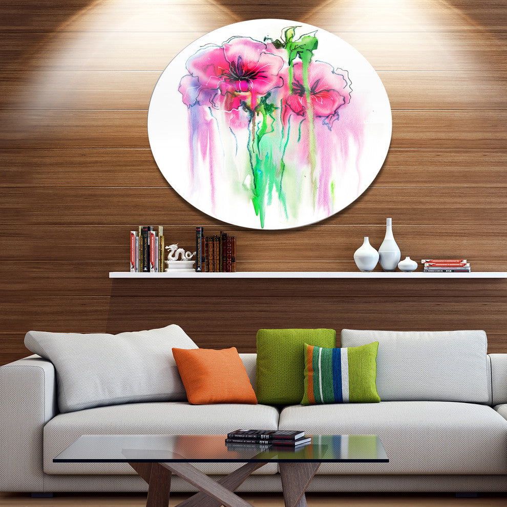 Colorful Hand Drawn Red Flowers, Floral Disc Metal Artwork, 11"