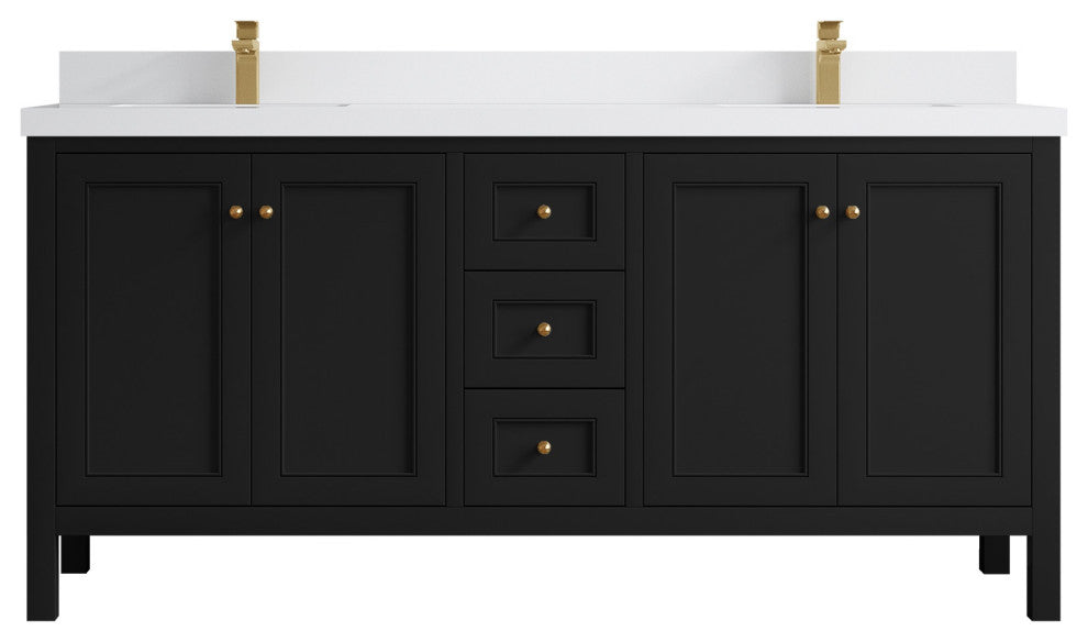 Nashville 72" Double Sink Bath Vanity, Black 2" White Quartz