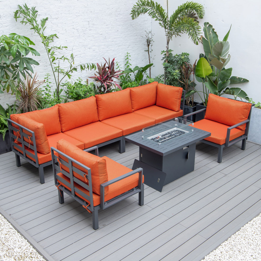 LeisureMod HSFBL-7OR Hamilton 7-Pcs Conversation Set Fire Pit Table&Cushions