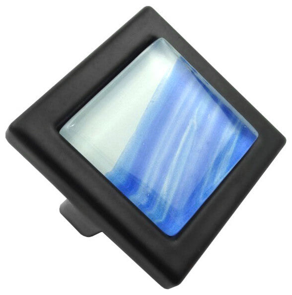 Hand Brushed Blue Tilted Stroke Crystal Glass Black Metal Square Manor Knob