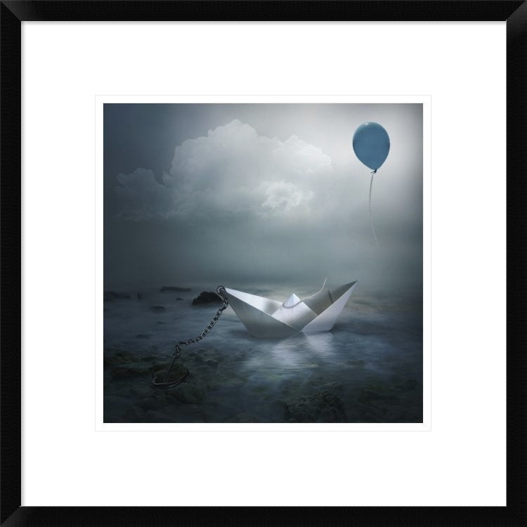 "Paper Boat and Balloon" Framed Print by Natalia Simongulashvili, 20"x20"