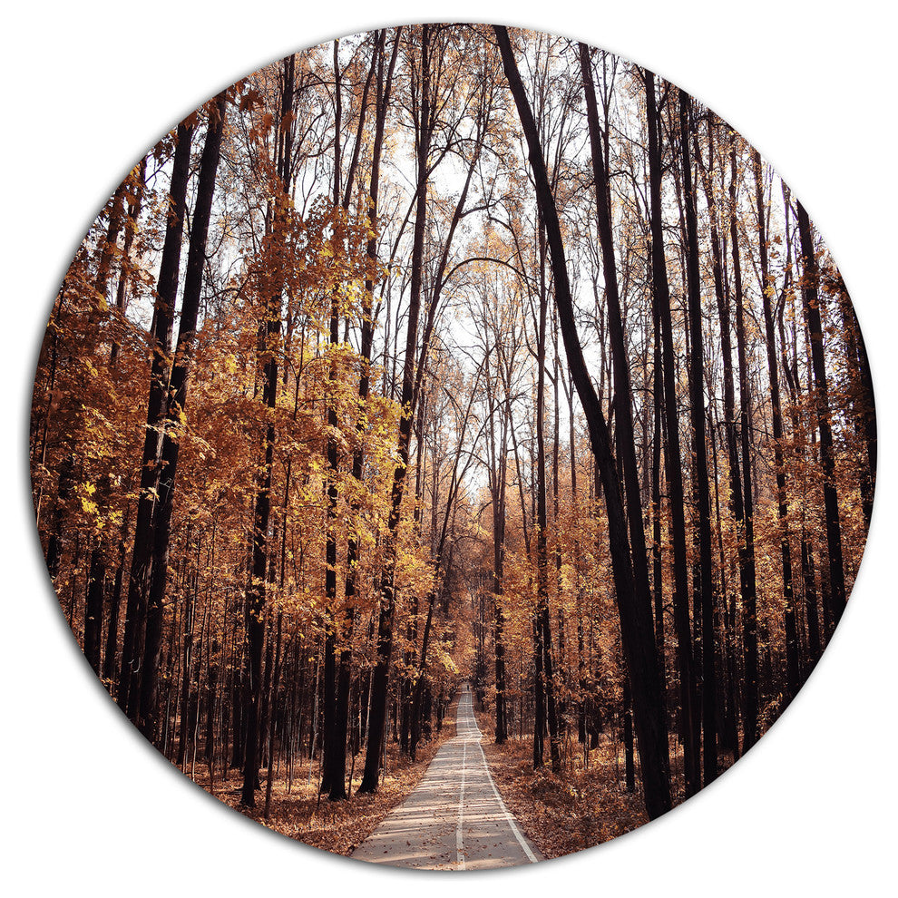 Road In Autumn Golden Forest, Forest Round Metal Wall Art, 11"
