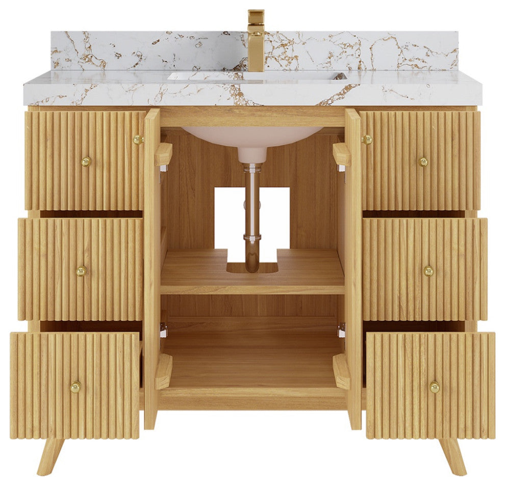 Pasadena 42 Single Sink Bath Vanity in Light Natural Teak 2" Viola Gold