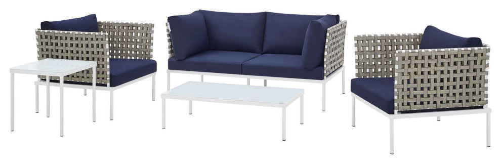 Lounge Sectional Sofa Chair Table Set, Sunbrella, Aluminum, Blue Navy, Outdoor