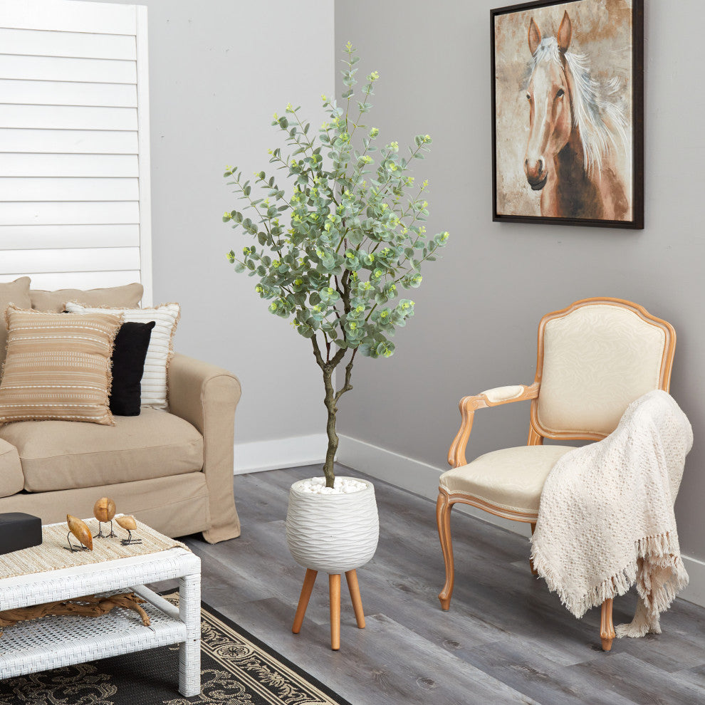 70" Eucalyptus Artificial Tree, White Planter With Stand