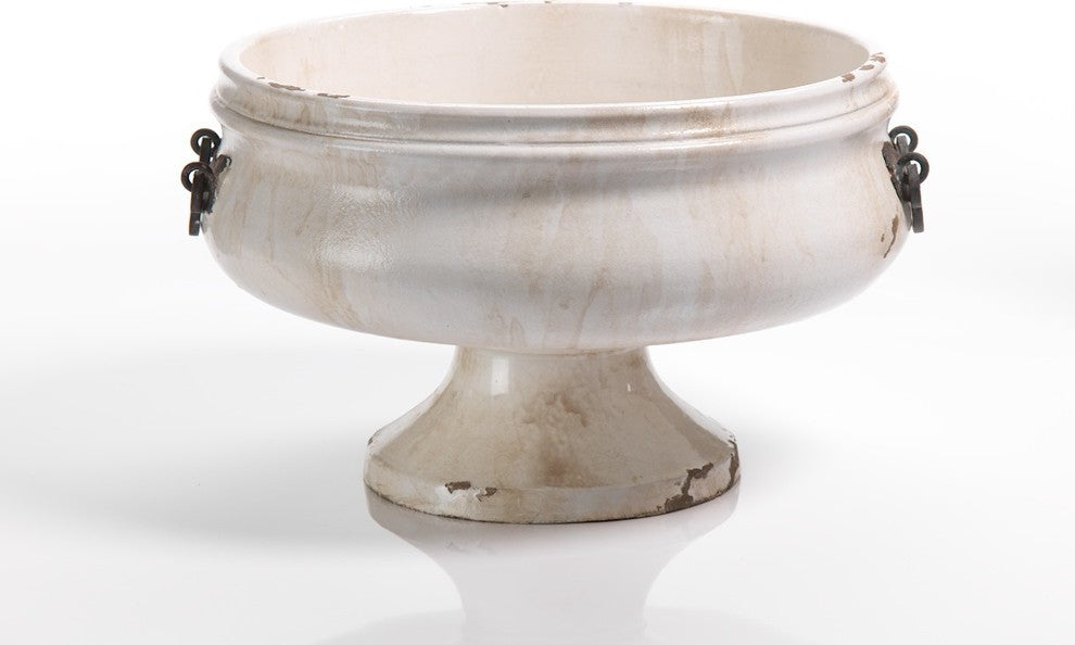 "Corsica" 16" Wide Ceramic Decorative Bowl with Iron Handle, Beige and White