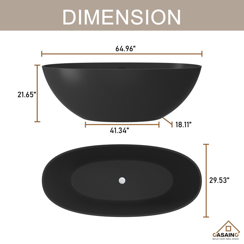 65in Solid Surface Freestanding Bathtub in Matte Black, Matte Black